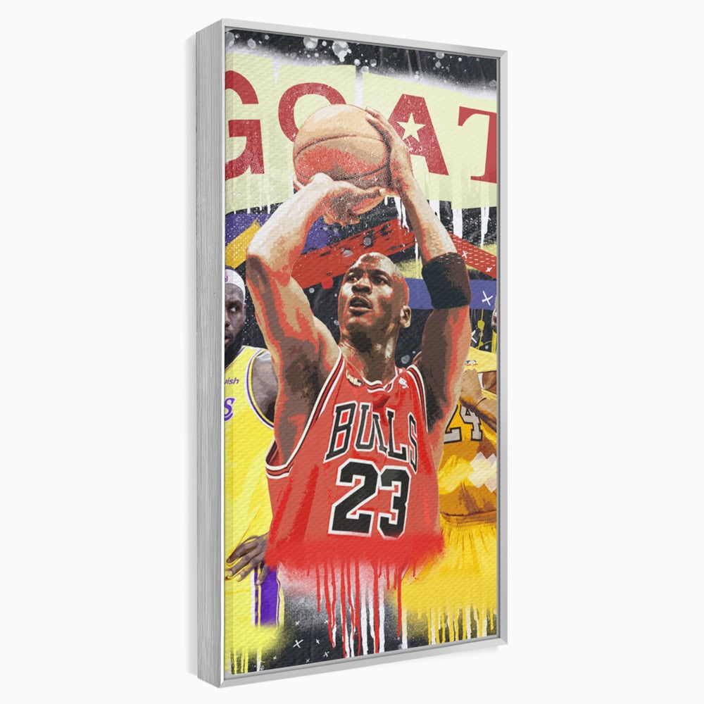 Tablou canvas cu tablou canvas cu michael jordan in actiune, in rama de aluminiu argintiu